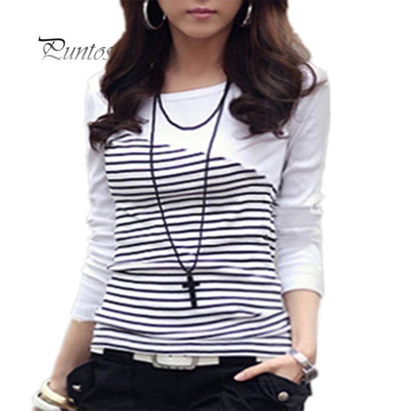 Global Selling Damen-T-Shirt mit Streifendruck, langärmelig, Rundhalsausschnitt und schmaler Passform XXXL weiß von Joom DACH