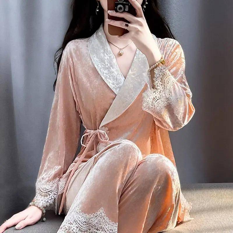 Gold Samt Pyjamas Damen Herbst und Winter Temperament Home Wear Set Spitze Pyjamas 2XL rosa von Joom DACH