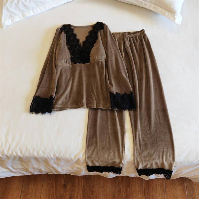 Golden Velvet Herbst Schlaf Nachtwäsche Winter Pyjama Pyjama Nachthemd Damen Pyjama Set Dessous für Damen Nachtwäsche XL braun von Joom DACH
