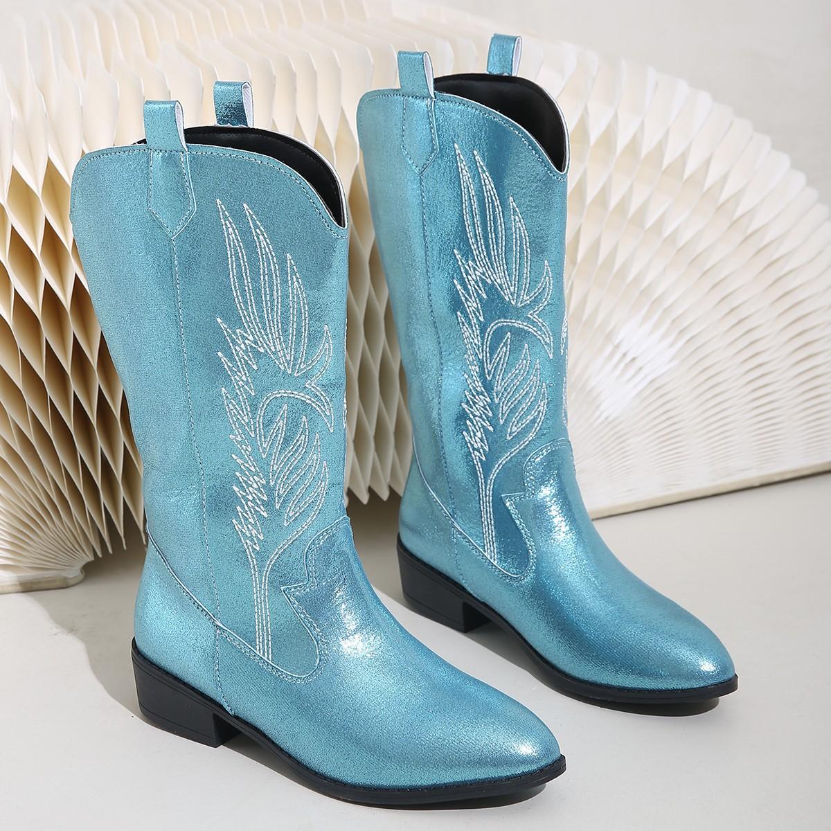Goldene Wadenstiefel Damen Silber Spitz Western Cowboy Stiefel Retro Mode Schwarzer Stiefel Übergröße 36-43 Damenstiefel 37 himmelblaue von Joom DACH