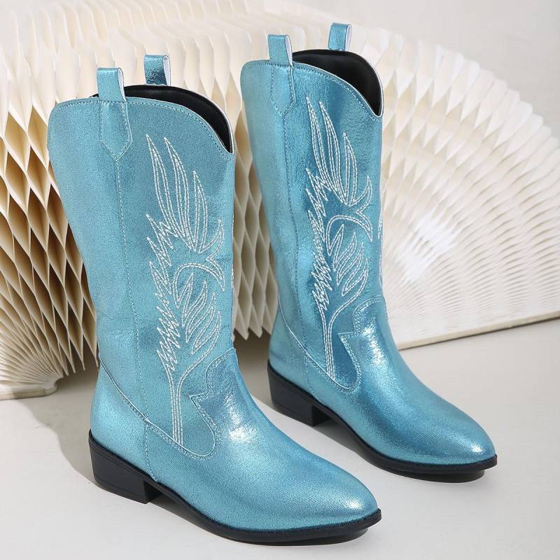 Goldene Wadenstiefel Damen Silber Spitz Western Cowboy Stiefel Retro Mode Schwarzer Stiefel Übergröße 36-43 Damenstiefel 37 himmelblaue von Joom DACH