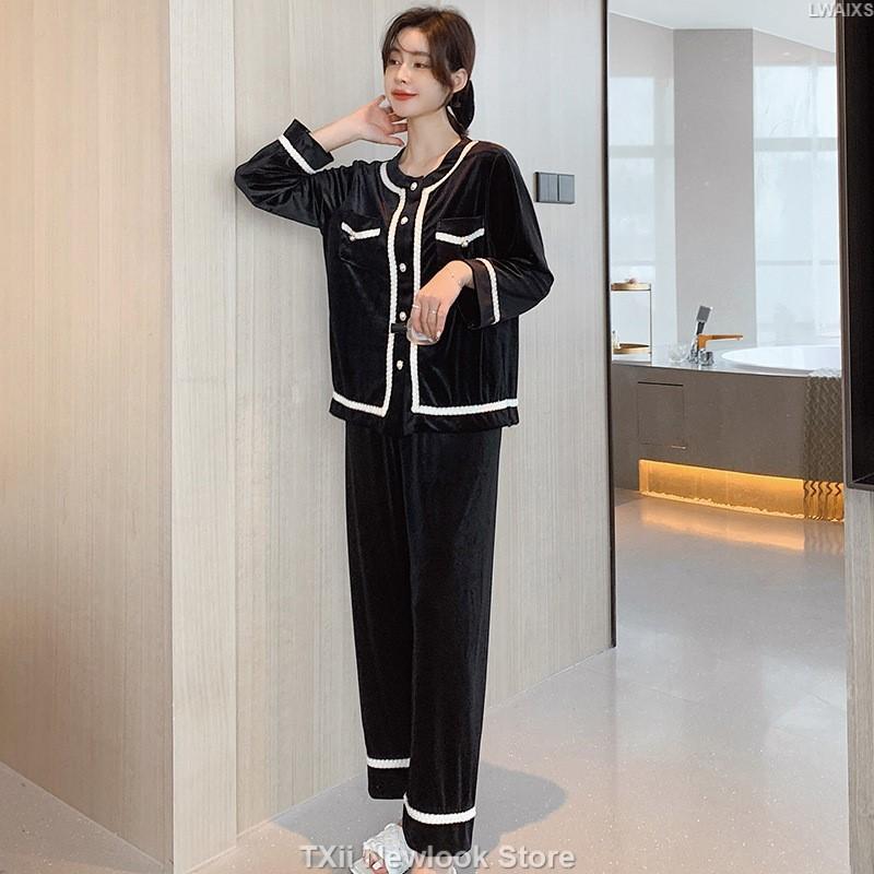 Goldener Samt Damen Hausanzug Zweiteiliges Set Damen Herbst Neu Einfach Langärmelig Hose Pyjama-Set XL schwarz von Joom DACH