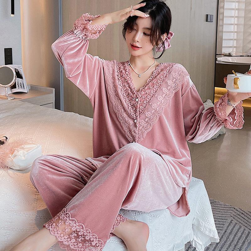 Goldener Samt-Pyjama für Damen, dünner, langärmeliger Pyjama mit Spitzenbedruckung für Damen, Frühling und Herbst, süßer Homewear-Pyjama 2XL rosa von Joom DACH