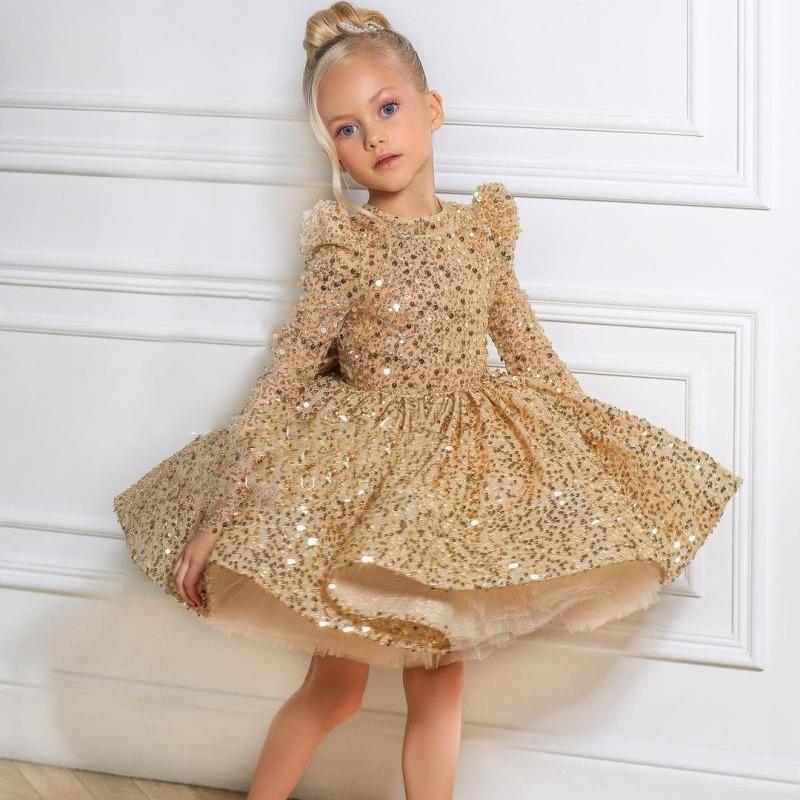 Goldenes Kleid für Mädchen, Prinzessinnenkleid, Piano Runway Performance Kostüm 120cm gold von Joom DACH