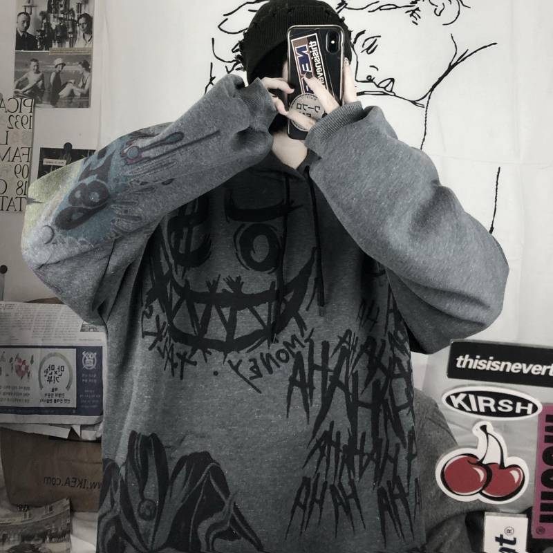 Goth Harajuku Hoodies Damen Anime Übergroßes Sweatshirt Graffiti Cartoon Print Streetwear 2XL grau von Joom DACH