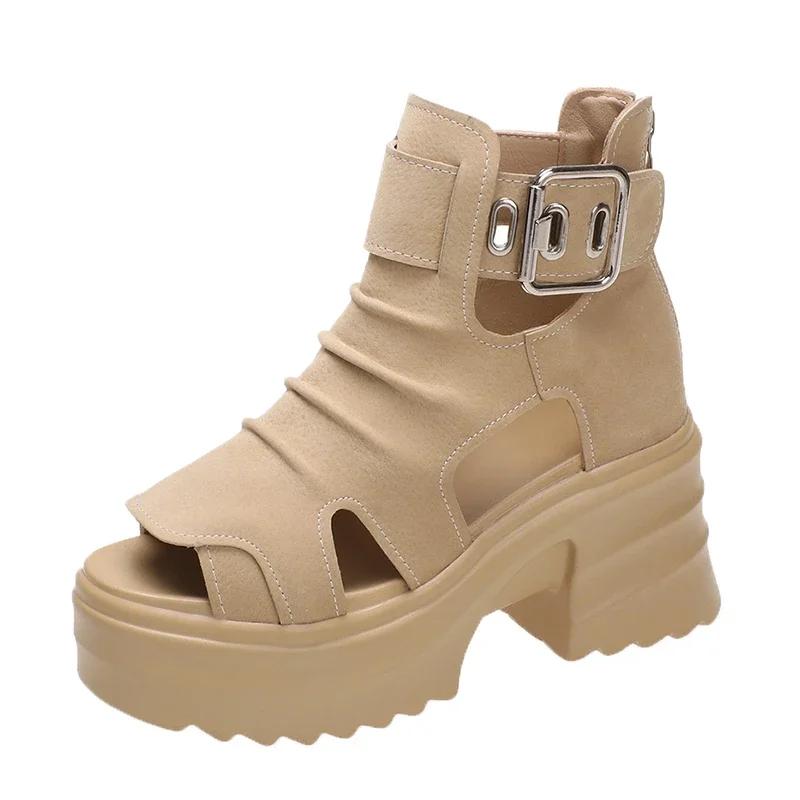 Gothic Chunky Plateau Sandalen Damen Sommer Wedges Peep Toe Gladiator Schuhe Frau Dicke Unterseite High Heels Sandalias 39 khaki von Joom DACH