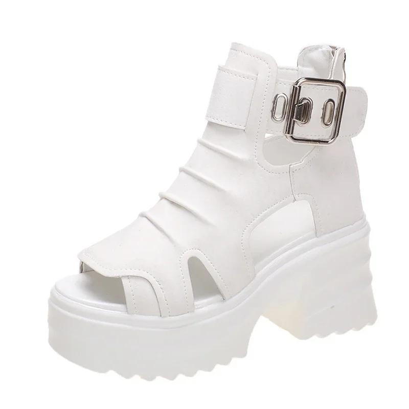 Gothic Chunky Plateau Sandalen Damen Sommer Wedges Peep Toe Gladiator Schuhe Frau Dicke Unterseite High Heels Sandalias 39 weiß von Joom DACH