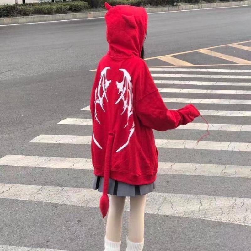 Gothic Harajuku Zip Up Hoodies Frauen Mall Goth Tops Japanische Streetwear Mit Kapuze Sweatshirt Herbst Pullover XXL rot von Joom DACH