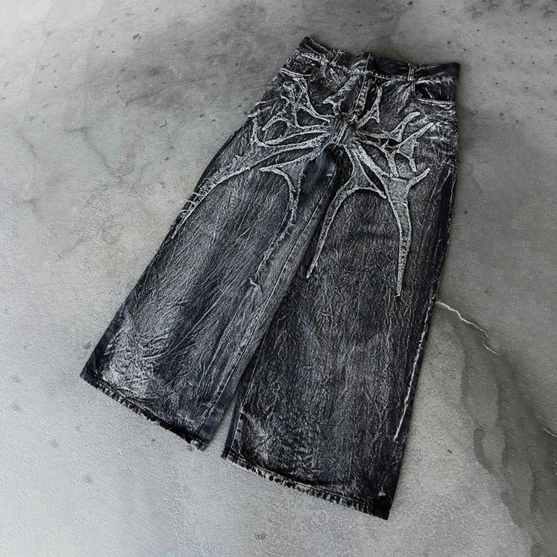Gothic Retro Oversized Baggy Fit Unisex Wischhose Y2K Phantom Jeans High Street Spider Bestickter Patch Hip Hop Streetwear M von Joom DACH