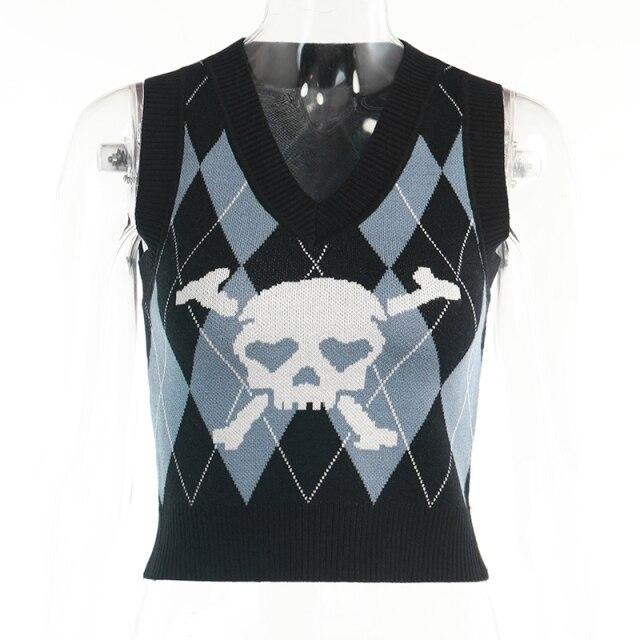 Gothic Schädel Druck Trui Weste Harajuku Punk Sexy V-ausschnitt Mouwloze Copped Tops Grunge Herbst Winter Frauen Gebreide Tops M schwarz von Joom DACH