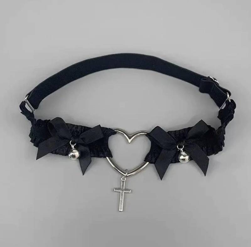 Gothic Spitze Strumpfband Gürtel Herz Schleife Kreuz Anhänger Bein Strumpfbänder Schwarz Weiß Gummiband Cosplay Bein Harness schwarz von Joom DACH