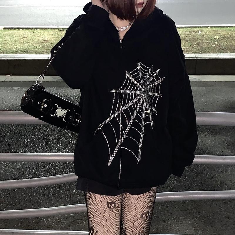 Gothic Strass Brief Drucken frauen Langarm Pullover Hoodies Zipper Lose Übergroßen Streetwear Casual Herbst Winter XL schwarz von Joom DACH