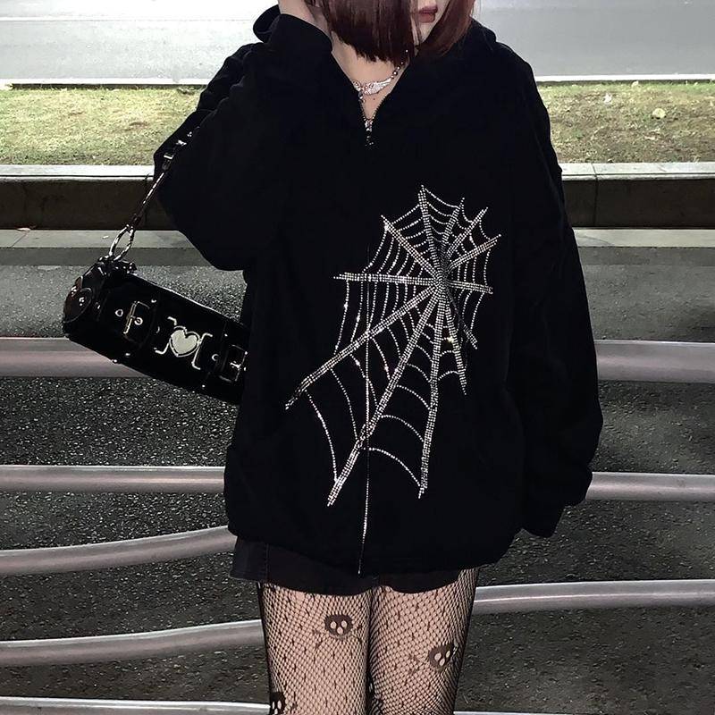Gothic Strass Brief Drucken frauen Langarm Pullover Hoodies Zipper Lose Übergroßen Streetwear Casual Herbst Winter XL schwarz von Joom DACH