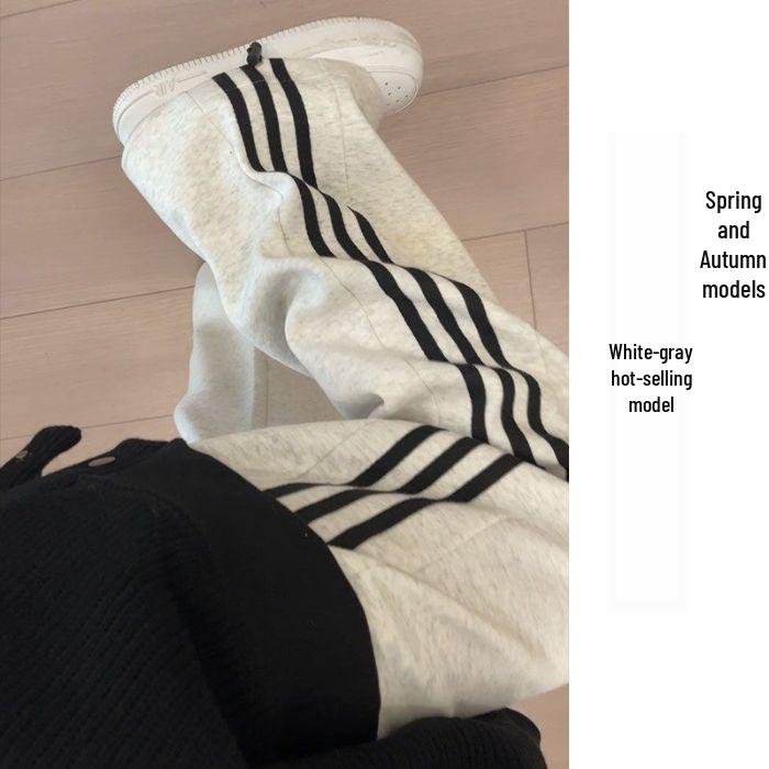 Graue Damen-Sweathose mit hohem Bund und weitem Bein mit drei Streifen - Frühjahrskollektion 2025, schlankmachend, vielseitig, lässiger Kordelzug. M von Joom DACH