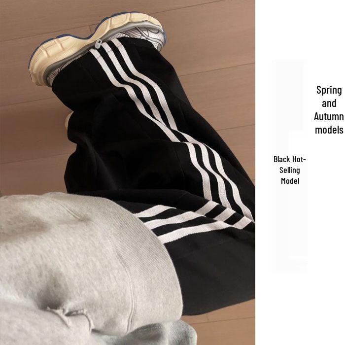 Graue Damen-Sweathose mit hohem Bund und weitem Bein mit drei Streifen - Frühjahrskollektion 2025, schlankmachend, vielseitig, lässiger Kordelzug. S von Joom DACH