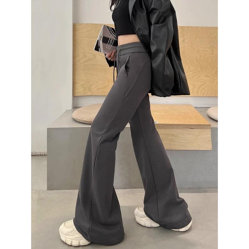 Graue Hüftniedrige Schlaghosen für Damen im Herbst und Winter Neue Hängende Yoga-Huf-Bodenhosen Schlanke Kordelzug-Mikro-Schlaghosen XL grau von Joom DACH