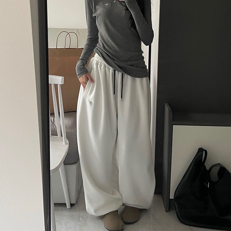 Graue übergroße Jogginghose Damen Harajuku koreanische Mode Sport dünne Hose Stickerei Y2k Vintage Baggy Hose Ästhetik XL weiß von Joom DACH