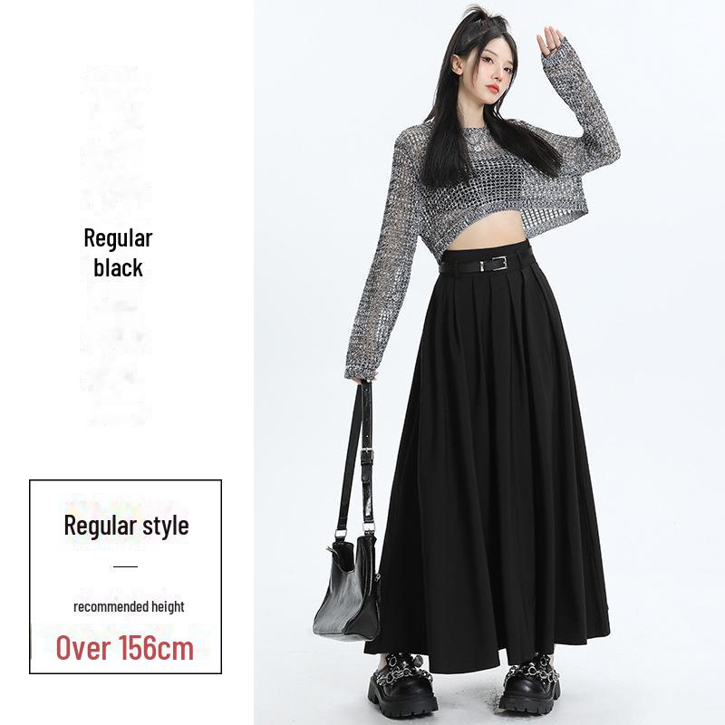 Grauer Faltenrock in A-Linie für Damen im Herbst 2023 – Hohe Taille, schmale Passform, lange Länge L von Joom DACH