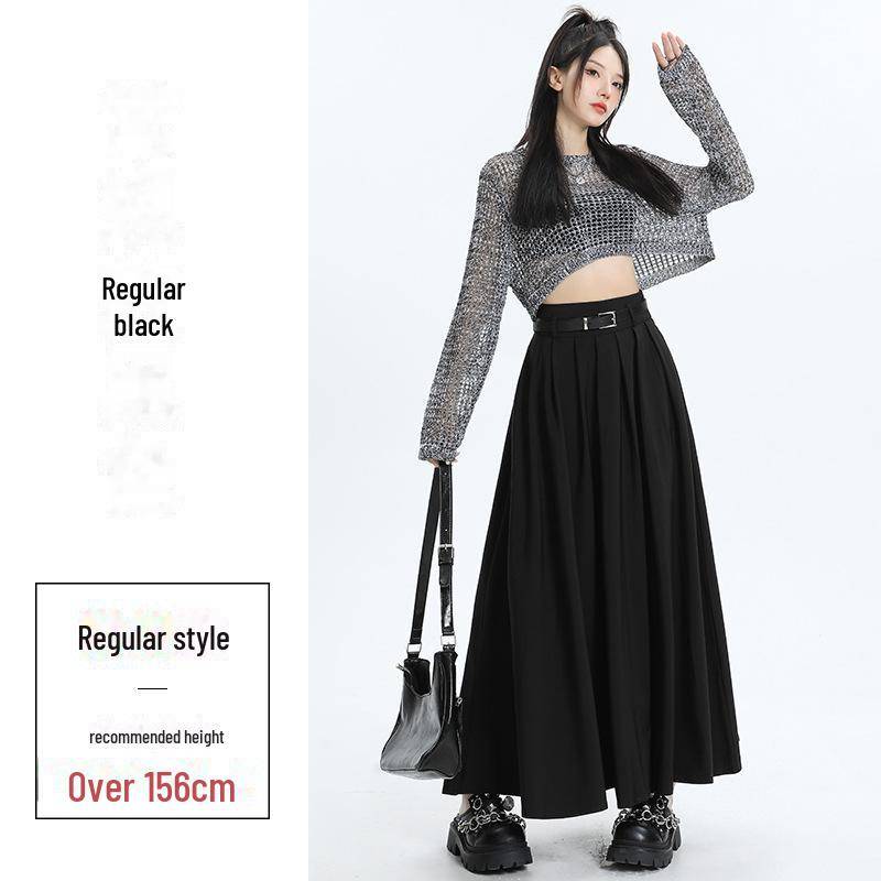 Grauer Faltenrock in A-Linie für Damen im Herbst 2023 – Hohe Taille, schmale Passform, lange Länge L von Joom DACH