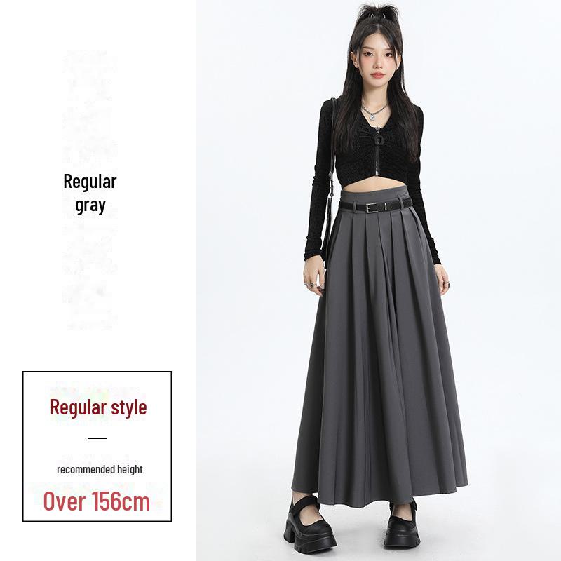 Grauer Faltenrock in A-Linie für Damen im Herbst 2023 – Hohe Taille, schmale Passform, lange Länge M von Joom DACH