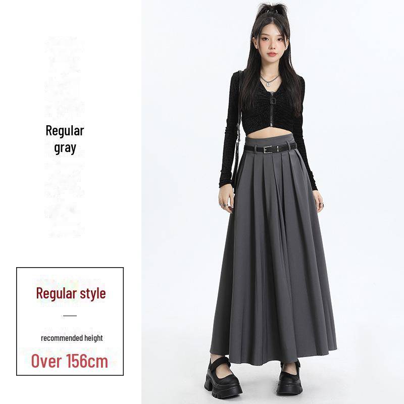 Grauer Faltenrock in A-Linie für Damen im Herbst 2023 – Hohe Taille, schmale Passform, lange Länge M von Joom DACH