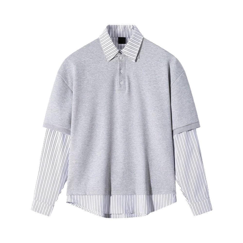 Graues Fake-Zweiteiler American Retro Polo-Shirt Sweatshirt Herren College-Stil Gestreiftes Langarm-T-Shirt XXL von Joom DACH