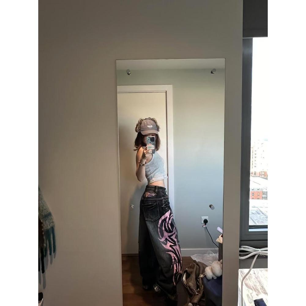 Grenzüberschreitende Modemarke Jaded London Amerikanisches Retro-Muster Bedruckte Gewaschene Jeans Hot Girls Weitbeinige Hosen S schwarz von Joom DACH