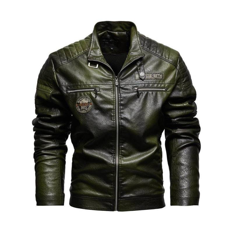 Grenzüberschreitende Motorradjacke aus PU-Leder für Herren, europäischer/amerikanischer Stil, moderner harter Kerl, plus Samt. XXXL dunkelgrüne von Joom DACH