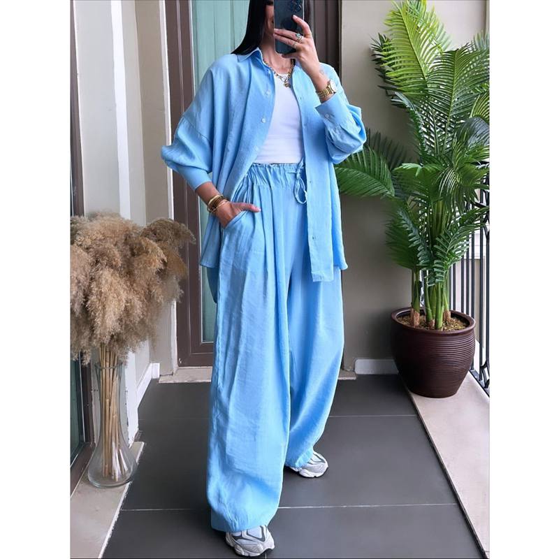 Grenzüberschreitendes Set Damen Strickjacke Einfarbig Tasche Langarmhemd Locker Elastische Taille Hose Damen Zweiteiler S S hellblaue von Joom DACH