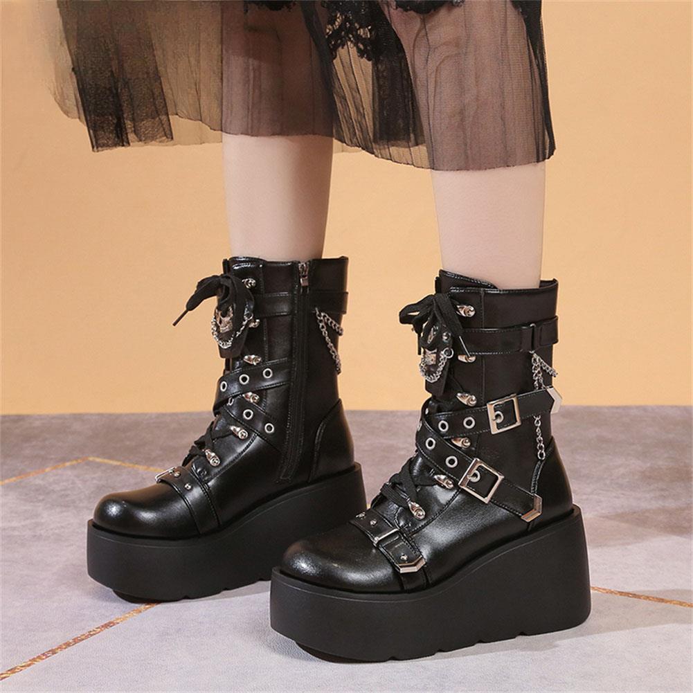 Größe 42 Nagelneue Damen Keilabsatz High Heels Stiefel Mode Metall Deko Schnalle Punk Plateau Damenstiefel Party Goth Street Damenschuhe 39 schwarz von Joom DACH