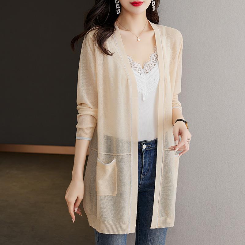 Große, dünne Jacke mit lockerer Passform, Sonnenschutzjacke, Schal, mittlere bis lange Länge, Außenschicht, Strickjacke für Damen L beige von Joom DACH