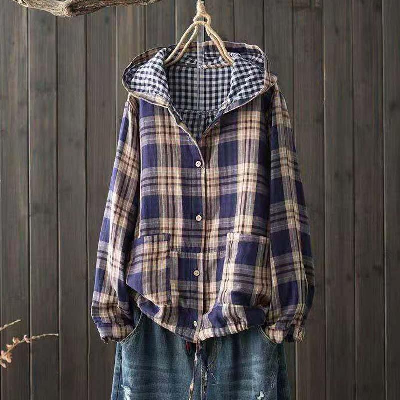 Große Blusen für Damen im Herbst und Frühling, mit Kapuze, langärmelig, einreihig, kariert, übergroß, Hemd, Oberteil, Damen-Hoodies onesize von Joom DACH