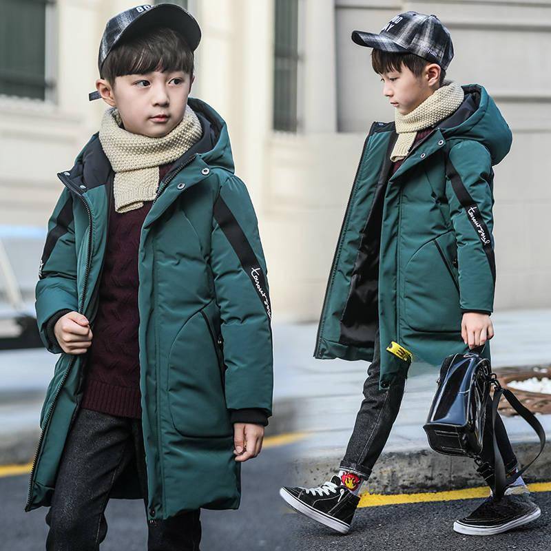 Große Größe, sehr warm haltende Winterjacke für Jungen, Teenager, mittellang, plus dicker Baumwollmantel mit Kapuze für Kinder 160 dunkelgrüne von Joom DACH