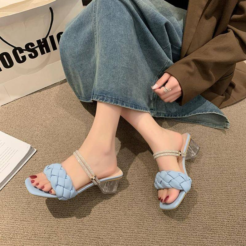 Große Größe 42 Hausschuhe Damen Neue Mode Quadratischer Kopf Gewebte Mode Schuhe Pantoletten Dicker Absatz Sandalen Niedriger Absatz Hausschuhe Damen 42 blau von Joom DACH