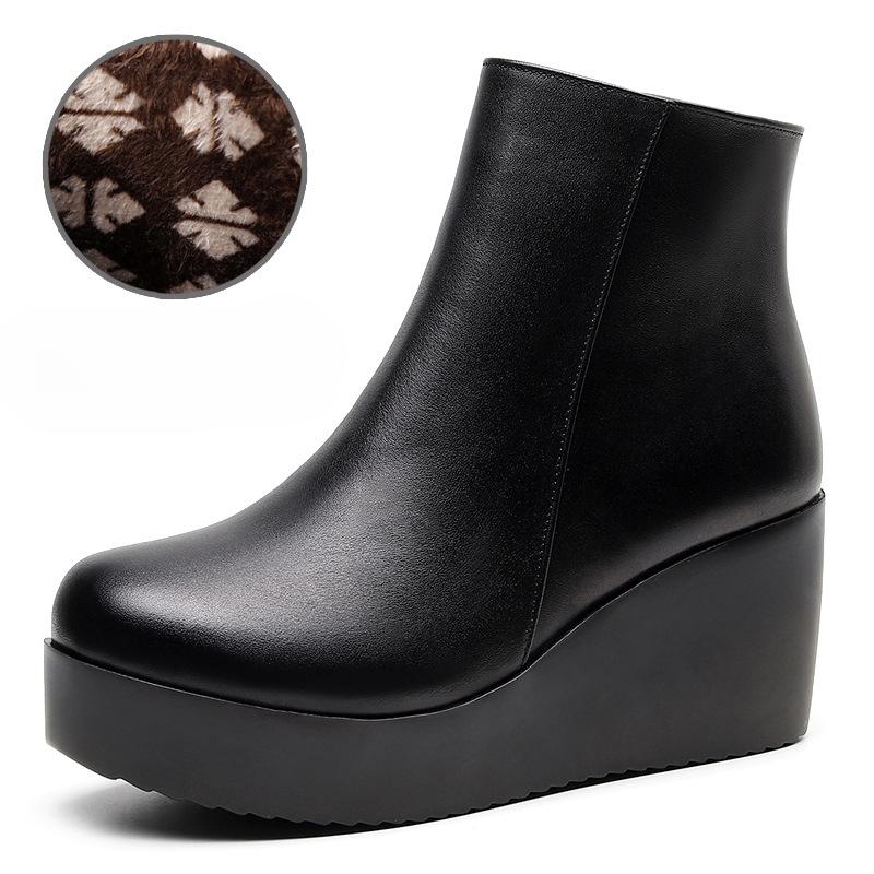 Große Größe 43 Damen Plateau Keilabsatz Stiefel Schwarz Herbst Winter Stiefeletten für Frauen Hohe Absätze Damen Lederschuhe Reißverschluss 43 von Joom DACH