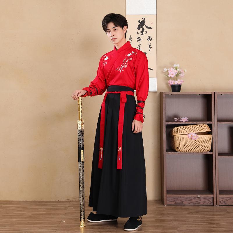 Große Größe 4XL Hanfu Männer Cosplay Kostüm Chinesisches Traditionelles Altes Hanfu Schwarz & Rot Hemd + Rock + Jacke Sets 2XL von Joom DACH