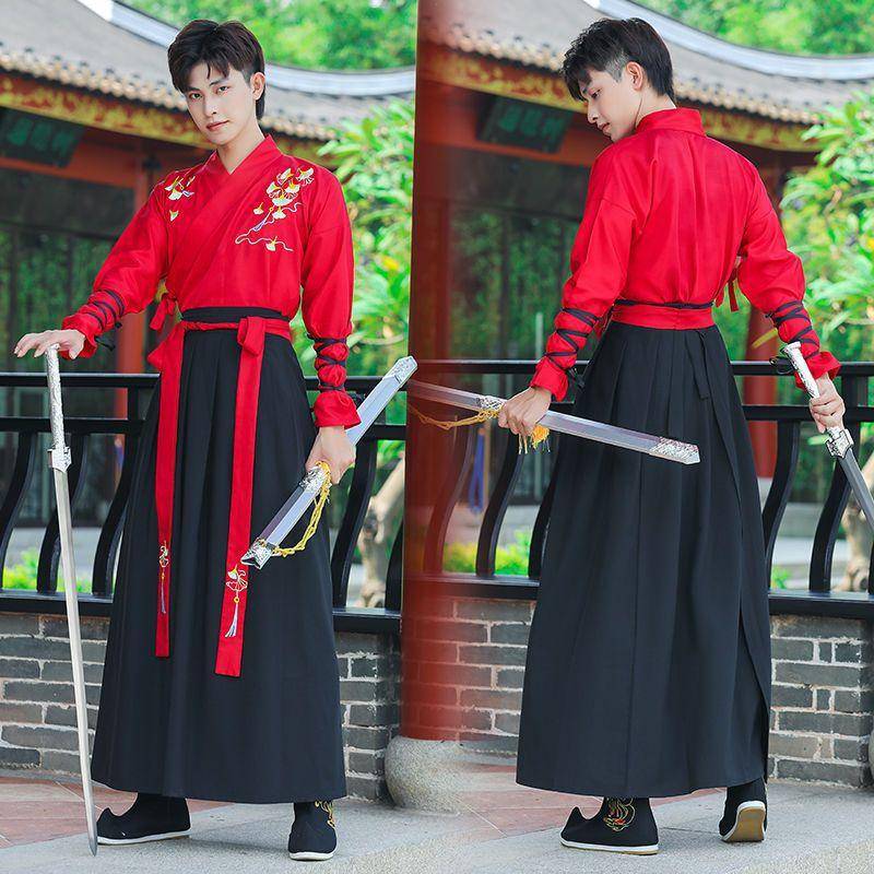 Große Größe 4XL Hanfu Männer Cosplay Kostüm Chinesisches Traditionelles Altes Hanfu Schwarz & Rot Hemd + Rock + Jacke Sets XL von Joom DACH