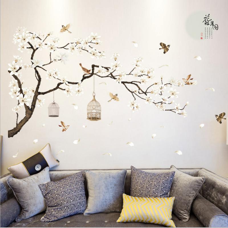 Große Größe Baum Wand Aufkleber Vögel Blume Wohnkultur Tapeten für Wohnzimmer Schlafzimmer DIY Vinyl Zimmer Dekoration 60x90cmx2pcs von Joom DACH