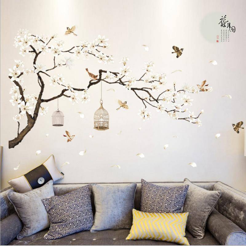 Große Größe Baum Wand Aufkleber Vögel Blume Wohnkultur Tapeten für Wohnzimmer Schlafzimmer DIY Vinyl Zimmer Dekoration 60x90cmx2pcs von Joom DACH