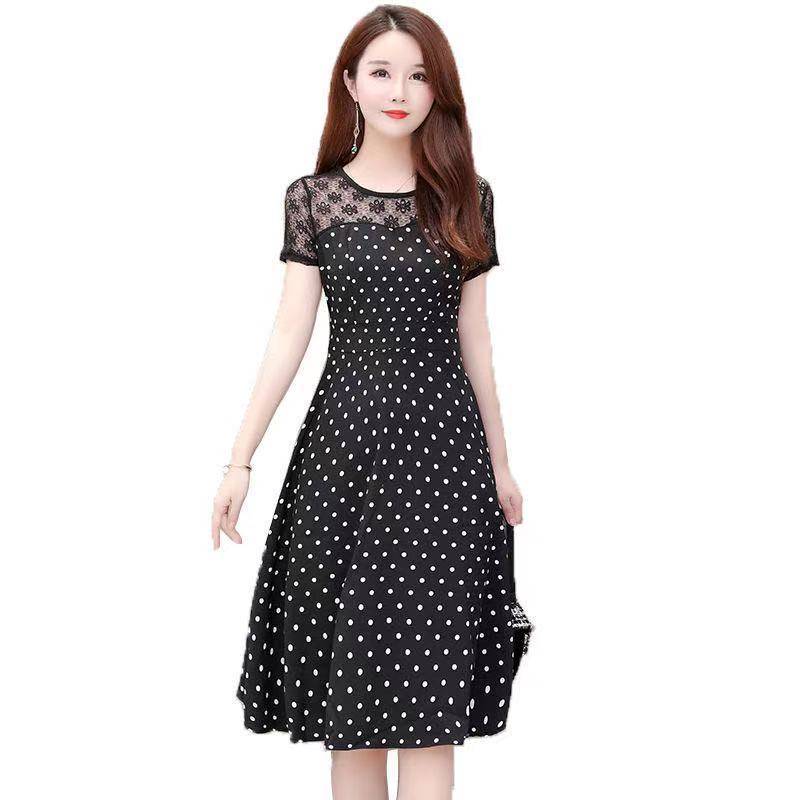 Große Größe Damen Polka Dot Rundhals Kurzarm Kleid Weibliche Selbst-kultivierung Spitze Temperament Mittellangen Rock A-linie Rock Taille Ist Schlank L von Joom DACH