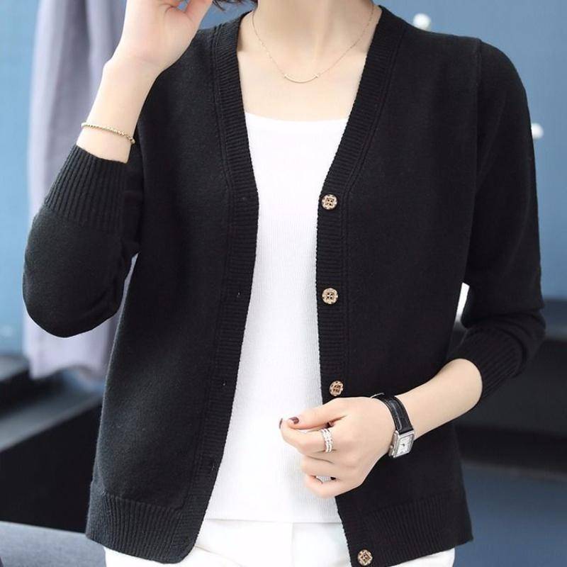 Große Größe Frühling und Herbst Damen Koreanische Version der Top Loose V-Ausschnitt Strickjacke Pullover Kurzer Abschnitt von A Hundred Strickpullover Jacke XXL schwarz von Joom DACH