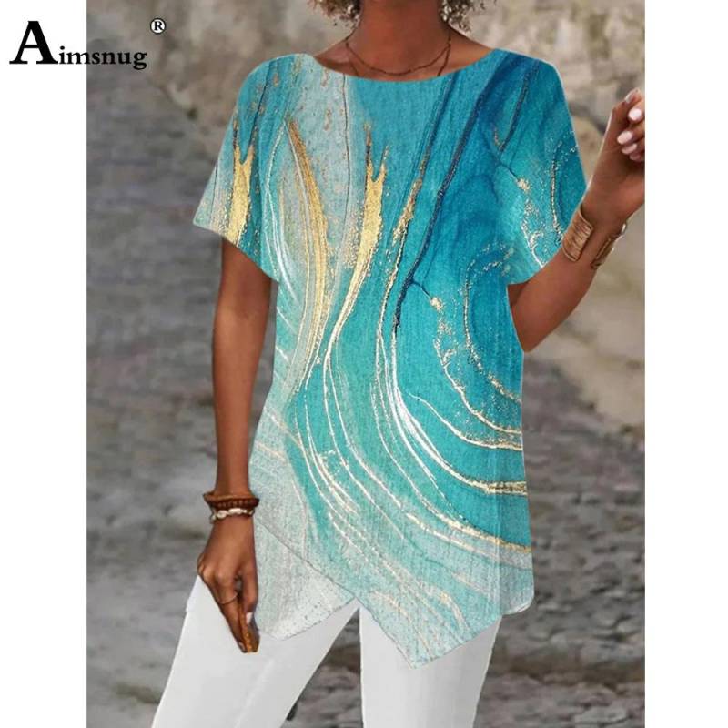 Große Große 5xl Frauen Casual Leinen Shirts Modell 3D Print Bluse Kurzarm Unregelmäßigen Top Damen Tunika blusas Femme Kleidung 2023 XL von Joom DACH