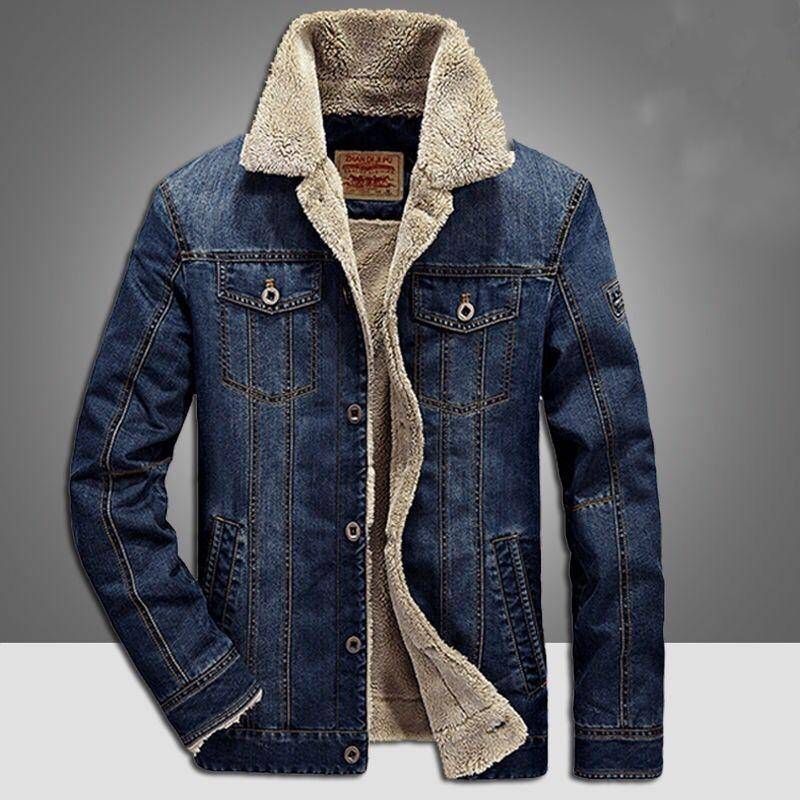 Große Herren Herbst und Winter Plus Samt Jeansjacke Lässige Jeansjacke Lockere große verdickte Oberbekleidung mit mehreren Taschen 3XL dunkelblaue von Joom DACH