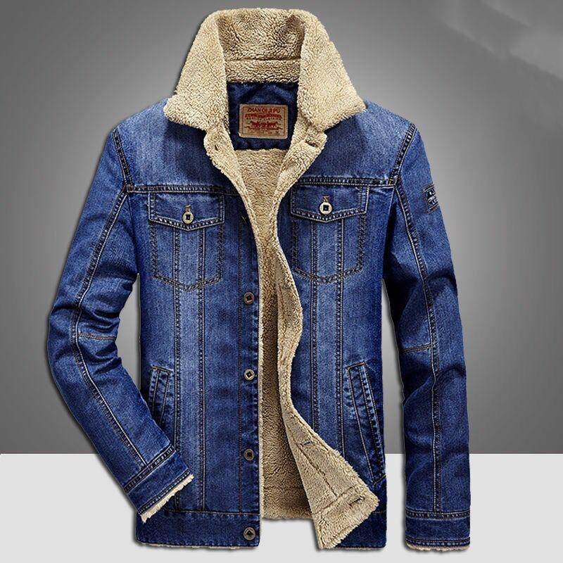 Große Herren Herbst und Winter Plus Samt Jeansjacke Lässige Jeansjacke Lockere große verdickte Oberbekleidung mit mehreren Taschen 7XL blau von Joom DACH