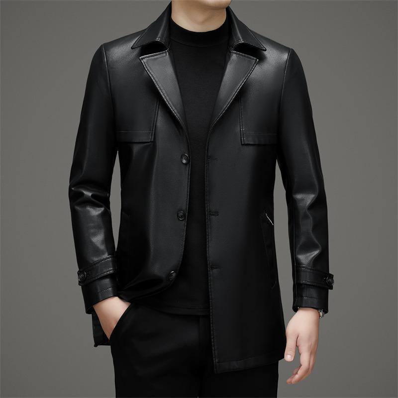 Große Herren-Lederjacke aus Fleece und Schaffell für mittleres Alter, mittellanger Mantel, Daddy-Lederjacke mit Revers 2XL von Joom DACH