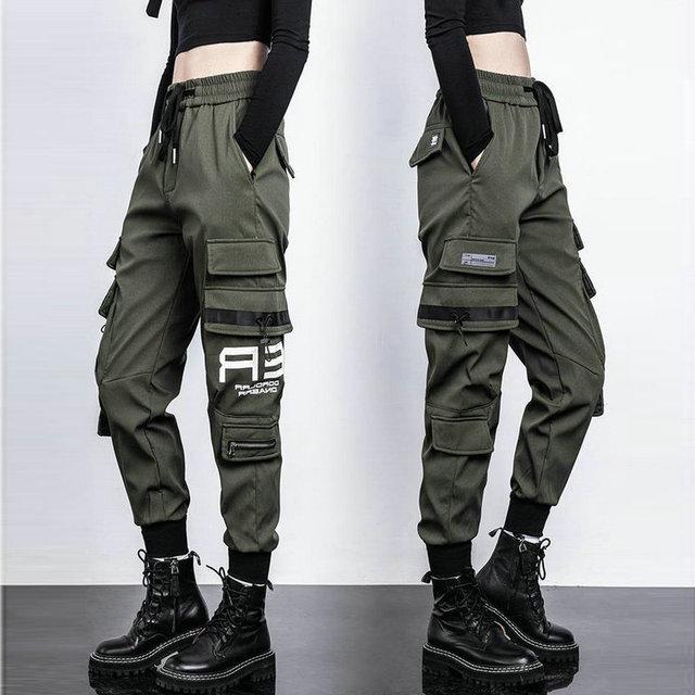 Große Taschen Cargo Hosen Frauen Elastische Hohe Taille Lose Streetwear Hose Baggy Taktische Hosen Hip Hop Hohe Qualität Jogger Hosen M armee grüne von Joom DACH