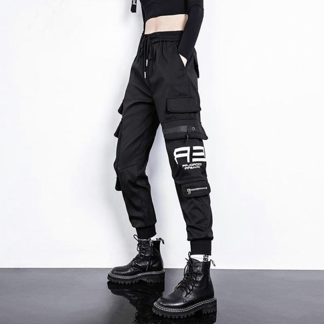 Große Taschen Cargo Hosen Frauen Elastische Hohe Taille Lose Streetwear Hose Baggy Taktische Hosen Hip Hop Hohe Qualität Jogger Hosen M schwarz von Joom DACH