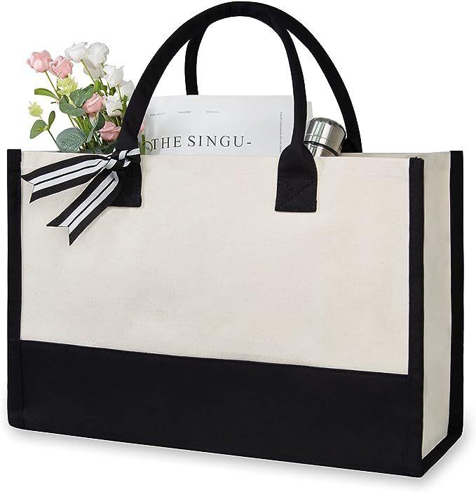 Große Tragetasche, modische Canvas-Tasche mit Buchstaben und Blumen, tragbar, für den Strand, Schultertasche, Shopping, lässige Strandtasche, Handtasche von Joom DACH