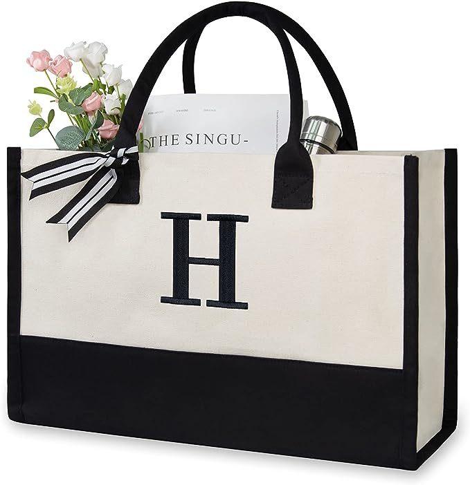 Große Tragetasche, modische Canvas-Tasche mit Buchstaben und Blumen, tragbar, für den Strand, Schultertasche, Shopping, lässige Strandtasche, Handtasche von Joom DACH
