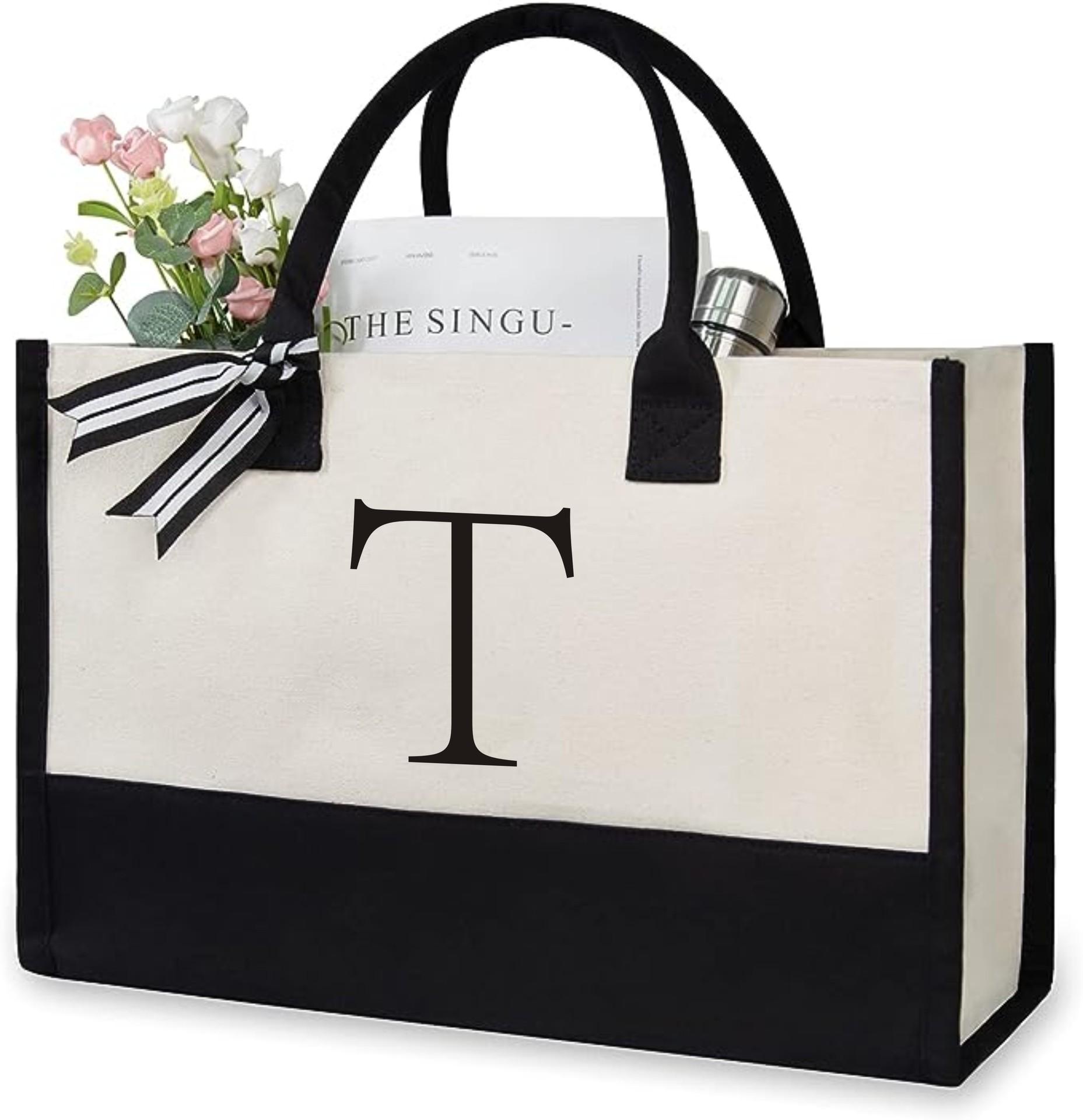 Große Tragetasche, modische Canvas-Tasche mit Buchstaben und Blumen, tragbar, für den Strand, Schultertasche, Shopping, lässige Strandtasche, Handtasche von Joom DACH